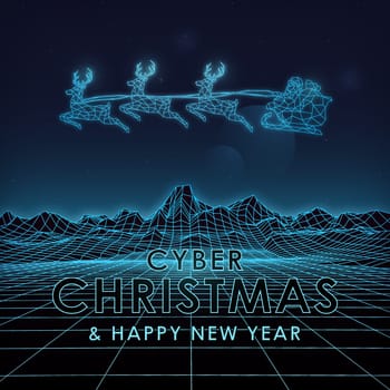 Cyber Christmas and Happy New Year. Futuristic retro landscape with mountains. Geometric Santa Claus on sleigh with gifts and flying reindeer. Suitable for 1980s style design.