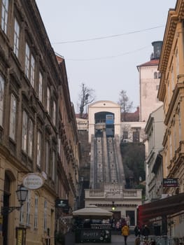 ZAGREB, CROATIA-January 4, 2020: The Zagreb Funicular in Tomic Street, connecting Ilica with Strossmayer promenade to the north. Its 66-metre track makes it one of the shortest public-transport funiculars in the world