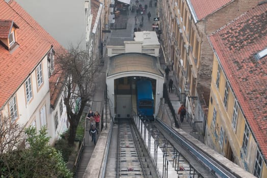 ZAGREB, CROATIA-January 4, 2020: The Zagreb Funicular in Tomic Street, connecting Ilica with Strossmayer promenade to the north. Its 66-metre track makes it one of the shortest public-transport funiculars in the world