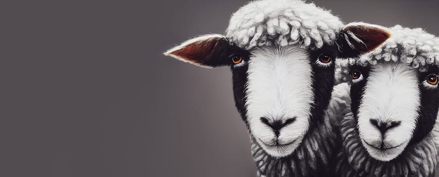 Two cute sheep, funny portrait of animal, livestock farm