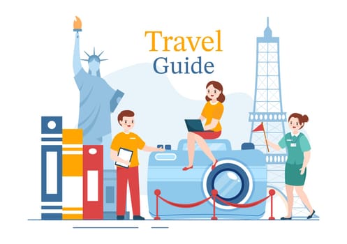 Travel Guide and Tour with Showing Interesting Places to Group of Tourist for Planning Vacation in Flat Cartoon Hand Drawn Templates Illustration