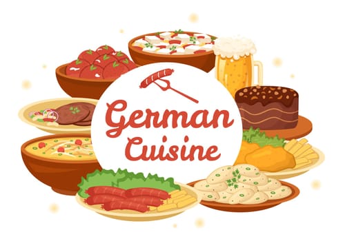 German Food Restaurant with Collection of Delicious Cuisine Traditional and Drinks in Flat Cartoon Hand Drawn Templates Illustration
