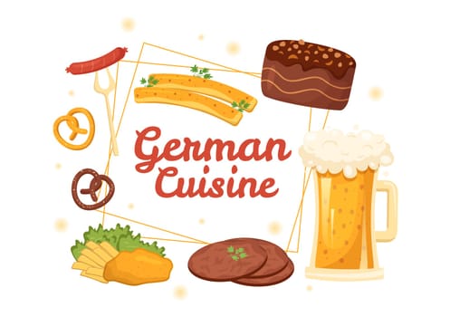 German Food Restaurant with Collection of Delicious Cuisine Traditional and Drinks in Flat Cartoon Hand Drawn Templates Illustration