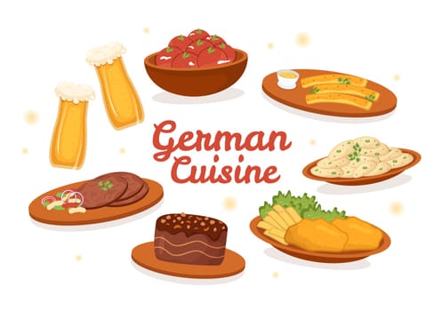 German Food Restaurant with Collection of Delicious Cuisine Traditional and Drinks in Flat Cartoon Hand Drawn Templates Illustration