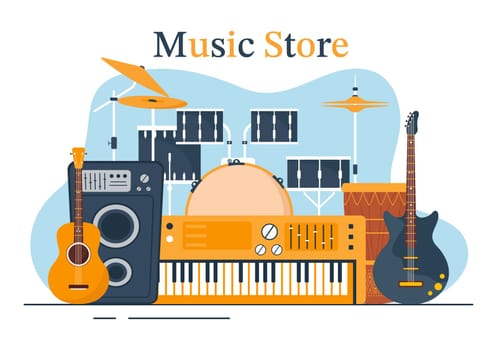 Music Store with Various Musical Instruments, CD, Cassette Tapes and Audio Recordings in Flat Style Cartoon Hand Drawn Template Illustration