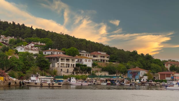 View of the mountains of Kinaliada island from Marmara Sea, with traditional summer houses and boats, Istanbul, Turkey