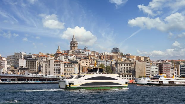City view of Istanbul skyline, Turkey, from the Bosporous overlooking Galata Bridge with traditional fish restaurants and Galata Tower in the background, Istanbul, Turkey