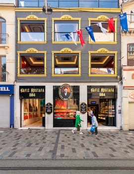 Istanbul, Turkey - September 2, 2022: Hafiz Moustafa, an old traditional Turkish Delight shop, in Istiklal Street, near Taksim Square