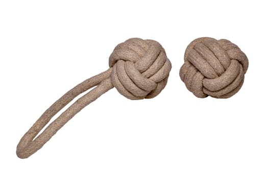 Rope isolated. Close-up of two rope knote balls. Macro. Knoted rope dog toy.