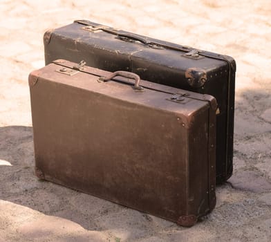 Details of an old suitcase as it was used 50 years ago.