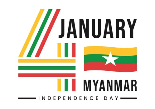 Celebrating Myanmar Independence Day on January 4th with Flags in Flat Cartoon Background Hand Drawn Templates Illustration
