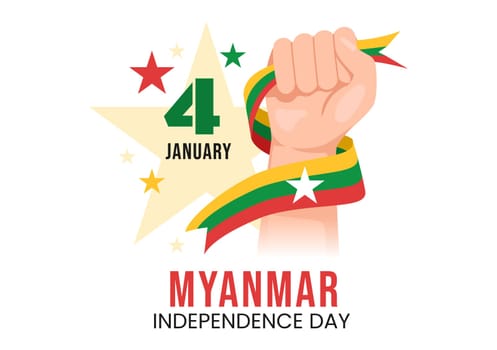 Celebrating Myanmar Independence Day on January 4th with Flags in Flat Cartoon Background Hand Drawn Templates Illustration