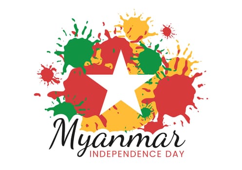 Celebrating Myanmar Independence Day on January 4th with Flags in Flat Cartoon Background Hand Drawn Templates Illustration