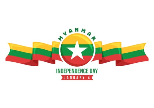 Celebrating Myanmar Independence Day on January 4th with Flags in Flat Cartoon Background Hand Drawn Templates Illustration