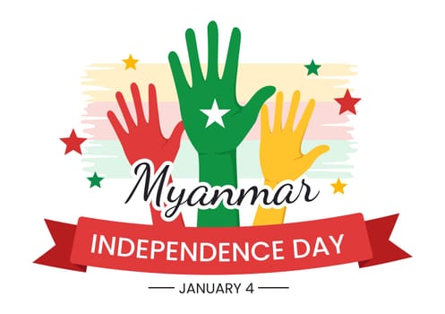 Celebrating Myanmar Independence Day on January 4th with Flags in Flat Cartoon Background Hand Drawn Templates Illustration