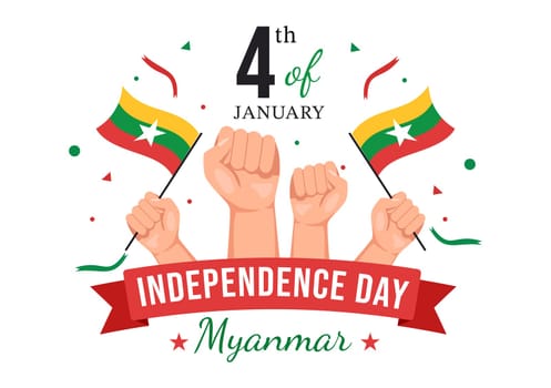 Celebrating Myanmar Independence Day on January 4th with Flags in Flat Cartoon Background Hand Drawn Templates Illustration