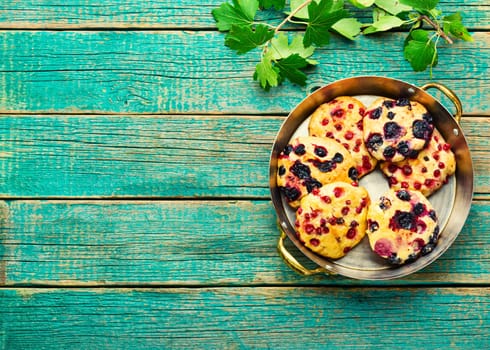 Appetizing cookies with red currants. Cookie with fruit berries. Space for text