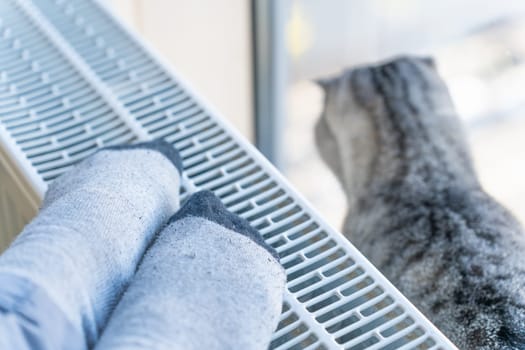 A woman warms her feet on the battery, a cat sits next to her and looks out the window.