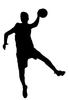 Handball player as silhouette isolated on white while throwing a ball