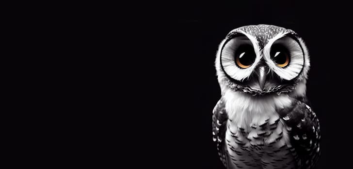 Cute owl bird with big eyes, portrait of animal of prey, black background with copy space, illustration