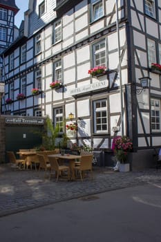 MONSCHAU, GERMANY - SEPTEMBER 22, 2020: small town Monschau. The historic town center has many half-timbered houses and narrow streets remained nearly unchanged for 300 years