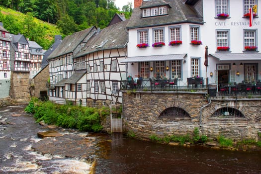 MONSCHAU, GERMANY - JULY 30, 2016: small town Monschau in the Eifel region. The historic town center has many half-timbered houses and narrow streets remained nearly unchanged for 300 years