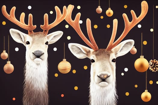 Reindeers with christmas baubles and fairy lights, holiday greeting card, illustration