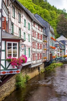MONSCHAU, GERMANY - JULY 30, 2016: small town Monschau in the Eifel region. The historic town center has many half-timbered houses and narrow streets remained nearly unchanged for 300 years