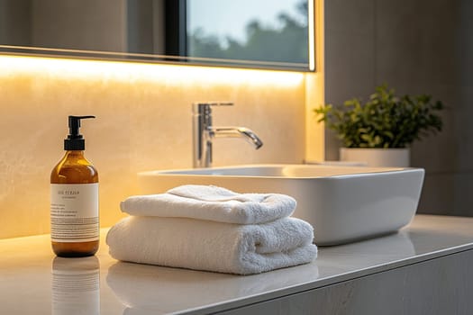 Soap dispenser and white towel on table near washbasin with blurred space in bathroom.