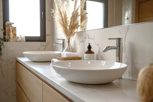 Bathroom interior using natural materials, calming colors and minimalist decor. Two sinks and a mirror.