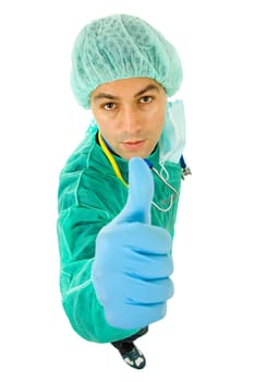 young male doctor going thumb up, isolated on white