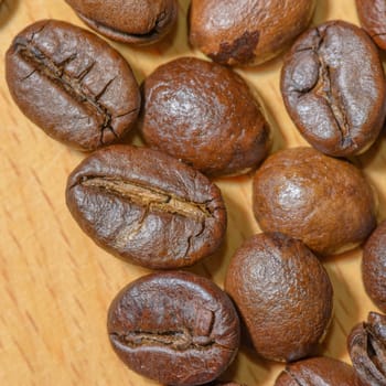 Macro of several toasted coffee seeds