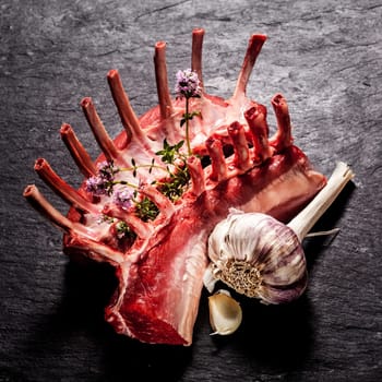 High Angle View of Raw Rectangle Rack of Lamb Chops with Fresh Herbs and Garlic on Textured Grey Surface