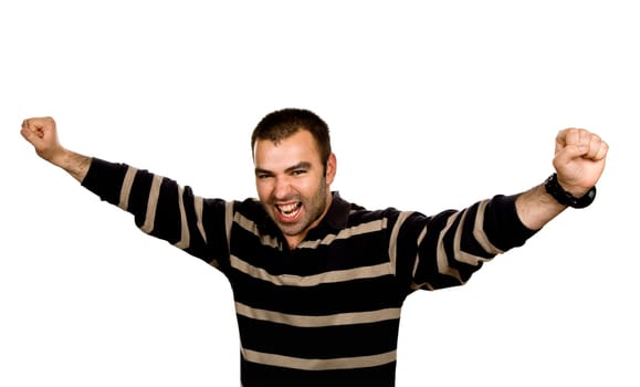happy young man with open arms isolated on white