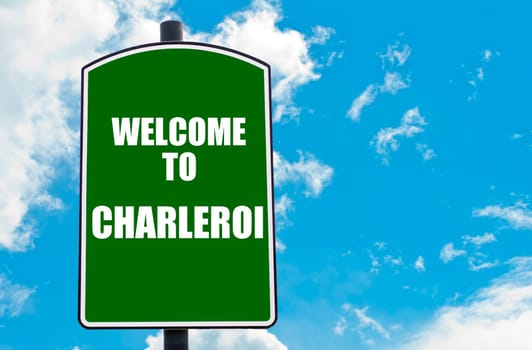 Green road sign with greeting message WELCOME TO ORLANDO isolated over clear blue sky background with available copy space. Travel destination concept  image