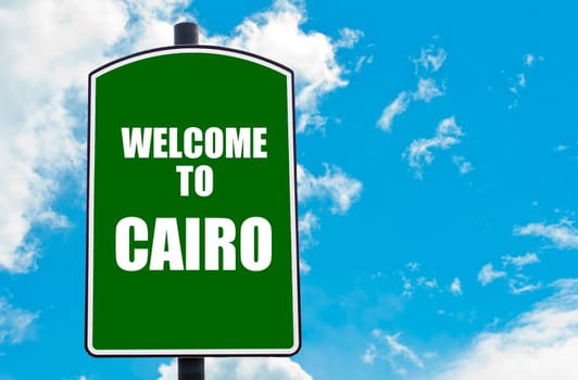 Green road sign with greeting message WELCOME TO ORLANDO isolated over clear blue sky background with available copy space. Travel destination concept  image