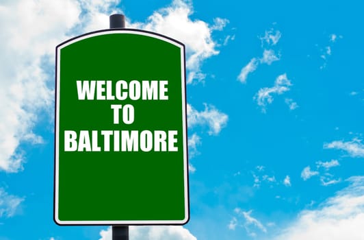 Green road sign with greeting message WELCOME TO ORLANDO isolated over clear blue sky background with available copy space. Travel destination concept  image
