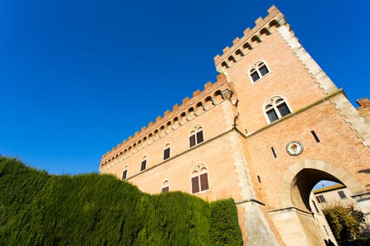 Bolgheri castle, Bolgheri Tuscan IT- November 2, 2014. View from the bottom of the main tower of the castle of Bolgheri.