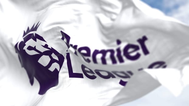 London, ENG, July 2022: Close-up of the Premier League flag waving in the wind. Premier League is the top level of the English football league system. Illustrative editorial