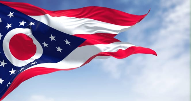 The Ohio state flag waving in the wind on a clear day. Ohio is a state in the Midwestern region of the United States. 3d illustration
