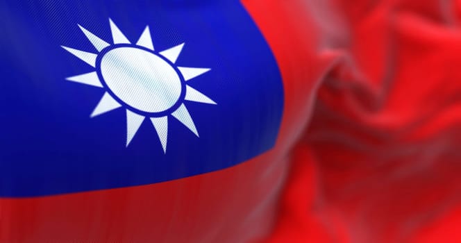 Close-up view of the Taiwan national flag waving. The Republic of China is a state located in East Asia. Fabric textured background. Selective focus. 3D illustration