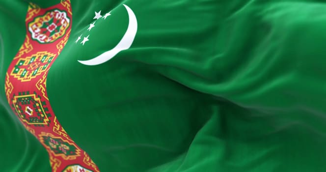 Close-up view of the Turkmenistan national flag waving. Turkmenistan is a state located in Central Asia. Fabric textured background. Selective focus. 3D illustration