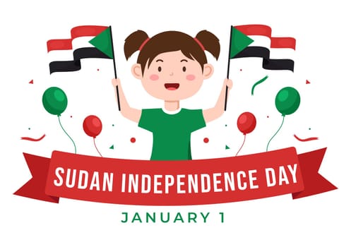Independence Day of Sudan on January 1st with Little Kids Carrying Flag Sudanese in Flat Cartoon Background Hand Drawn Template Illustration