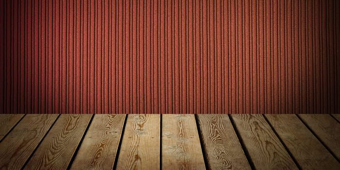 The background is blank wooden boards and a textured striped wall with gradient lighting and vignetting. For product demonstrations, free space, layout, mockup, perspective board, background board.