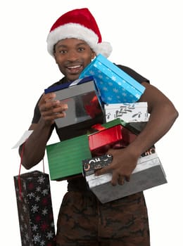 man holding gifts wearing santa claus red hat with fur many boxes shopping for christmas holidays white background studio
