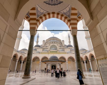Istanbul, Turkey - September 1, 2022: Courtyard of Grand Camlia Mosque, or Buyuk Camlica Camii, a modern Islamic complex, built in 2019, with few tourists, located in Camlica hill in Uskudar district