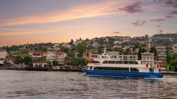 Istanbul, Turkey - August 25, 2022: Ferry boat in Marmara sea with background of the green mountains of Buyukada island, with traditional summer houses, trees, and ferry terminal on the far end