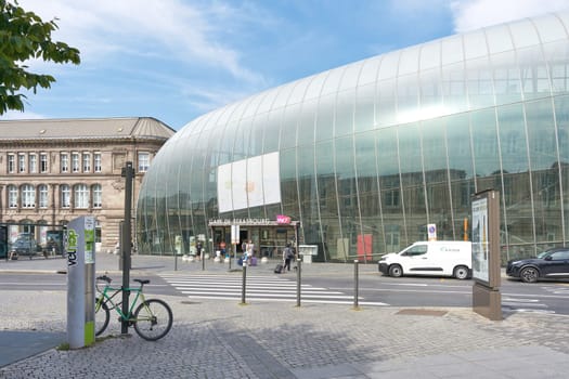 The Strasbourg-Ville train station with its modern glass facade in the Alsatian capital of Strasbourg, France