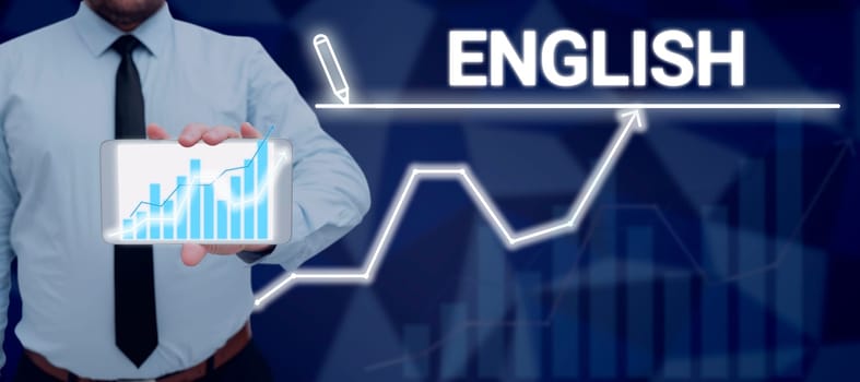 Hand writing sign English, Concept meaning possible communication between countries the only common language