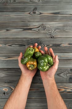 Vertical close up shot of cropped man hands holding fresh, juicy green bell pepper vegetable on wooden table background. Rustic freshness, agriculture season. Top view, above, copy space, mockup